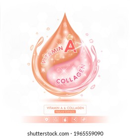Drop pink Collagen solution Serum and orange vitamin A. On white background. Hyaluronic acid skin care ad. 3D Realistic Vector EPS10.
