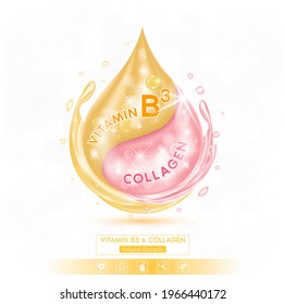 Drop pink Collagen solution Serum and orange vitamin B3. On white background. Hyaluronic acid skin care ad. 3D Realistic Vector EPS10.