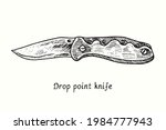 Drop point knife type. Ink black and white drawing outline illustration