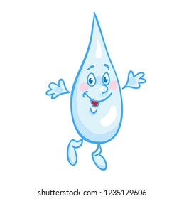 A drop of pure water in cartoon style falls. Isolated on white background.