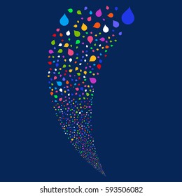 Drop random fireworks stream. Vector illustration style is flat bright multicolored iconic symbols on a blue background. Object fountain created from scattered design elements.