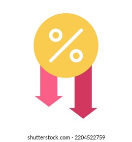 Drop Rate Loan Flat Icon. Mortgage Interest Rates And Arrow Down. Low Interest In Mortgages. For Business And Payments. Vector Illustration.