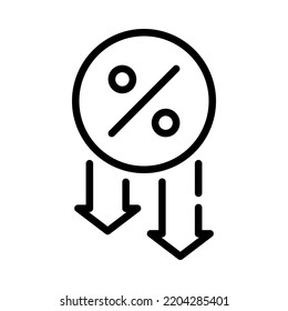 Drop Rate Loan Outline Icon. Mortgage Interest Rates And Arrow Down. Low Interest In Mortgages. For Business And Payments. Vector Illustration.