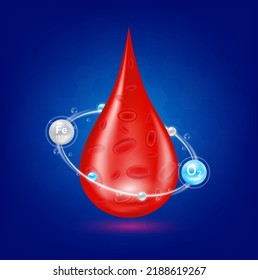 Drop Red Blood Cells. Blood Oxygen Saturation And Iron Treat Anemia. Medical And Scientific Concepts. Icon Realistic 3d Isolated On Blue Background Vector Illustration.