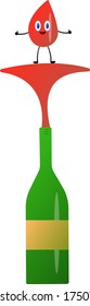 una gota de caricatura de vino tinto con ojos azules brillantes y pulgares elevados mientras un gesto de aprobación se paran en un alto salpicón de los objetos de la botella sobre un concepto de fondo blanco de un alcohólico popular