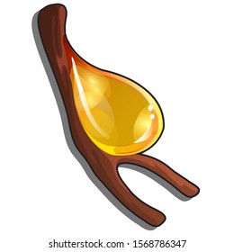 A drop of resin on a twig isolated on a white background. Vector cartoon close-up illustration