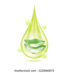 Drop serum aloe. Vitamin collagen anti aging serum. Natural skincare cosmetic. Water droplets green with oxygen bubbles isolated on white background. Realistic 3d vector.