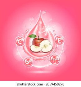 Reducir la tarta sérica. Vitamina С, E, Q10 y colágeno producto ácido sérico orgánico antienvejecimiento. Cosmética ecológica natural para el cuidado de la piel. Ilustración de EPS10 vector 3d realista.