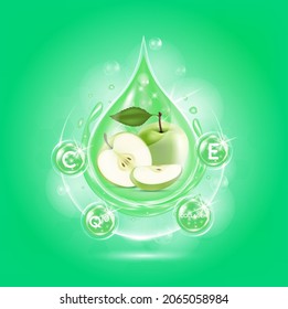 Reducir la tarta sérica. Vitamina С, E, Q10 y colágeno producto ácido sérico orgánico antienvejecimiento. Cosmética ecológica natural para el cuidado de la piel. Ilustración de EPS10 vector 3d realista.