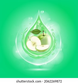 Drop serum apple. Vitamin, Q10 and collagen organic anti aging serum fruit acid product. Natural eco skin care cosmetic. Realistic 3d vector EPS10 illustration.