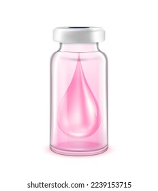 Drop serum collagen vitamins inside vaccine bottle. Used for beauty and medical advertisements. Glass bottle pink isolated on white background. 3D vector EPS10.