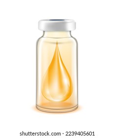 Drop serum collagen vitamins inside vaccine bottle. Used for beauty and medical advertisements. Glass bottle orange isolated on white background. 3D vector EPS10.