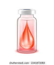 Drop serum collagen vitamins inside vaccine bottle. Used for beauty and medical advertisements. Glass bottle red isolated on white background. 3D vector EPS10.