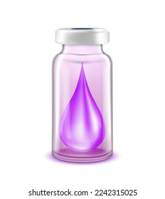 Dejar las vitaminas de colágeno sérico dentro del frasco de la vacuna. Usada para publicidad médica y de belleza. Frasco de vidrio morado aislado sobre fondo blanco. EPS vectorial 3D10.