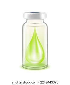 Drop serum collagen vitamins inside vaccine bottle. Used for beauty and medical advertisements. Glass bottle green isolated on white background. 3D vector EPS10.