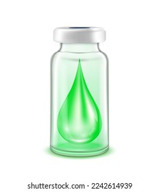 Dejar las vitaminas de colágeno sérico dentro del frasco de la vacuna. Usada para publicidad médica y de belleza. Botella de vidrio verde aislada en fondo blanco. EPS vectorial 3D10.