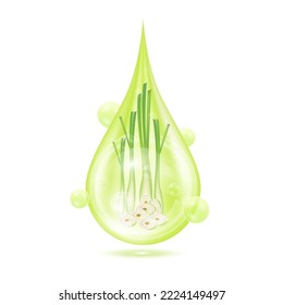 Drop serum lemon grass (Cymbopogon citratus). Vitamin collagen anti aging serum. Natural skincare cosmetic. Water droplets green with oxygen bubbles isolated on white background. Realistic 3d vector.