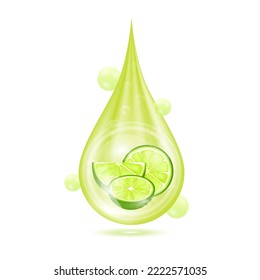 Drop serum lime. Vitamin collagen anti aging serum. Natural skincare cosmetic. Water droplets green with oxygen bubbles isolated on white background. Realistic 3d vector.