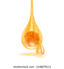 Drop serum marigold orange. Lutein vitamin A complex and fish oil with Chemical formula from marigold to nourish eyes. Medical and scientific concepts. Isolated on a white background 3D Vector.