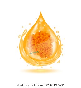 Drop serum marigold orange. Lutein vitamin A complex and fish oil with Chemical formula from marigold to nourish eyes. Medical and scientific concepts. Isolated on a white background 3D Vector.