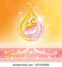 Drop Serum Orange Vitamin C And Pink Collagen Penetrate Into The Skin, Making The Skin Moist And Having Aura. Skin Care And Beauty Products Cosmetic Type Lotion Cream. 3D Vector EPS10 Illustration.