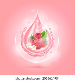 Drop serum raspberry. Vitamin С, E, Q10 and collagen organic anti aging serum fruit acid product. Natural eco skin care cosmetic. Realistic 3d vector EPS10 illustration.