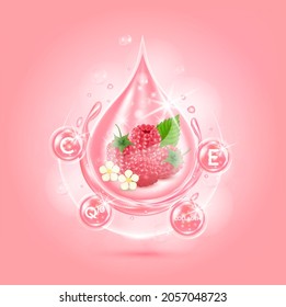 Drop serum raspberry. Vitamin С, E, Q10 and collagen organic anti aging serum fruit acid product. Natural eco skin care cosmetic. Realistic 3d vector EPS10 illustration.