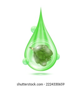 Drop serum slender amaranth. Vitamin collagen anti aging serum. Natural skincare cosmetic. Water droplets green with oxygen bubbles isolated on white background. Realistic 3d vector.