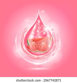 Drop serum watermelon. Vitamin and collagen organic anti aging serum fruit acid product. Natural eco skin care cosmetic. Realistic 3d vector EPS10 illustration.