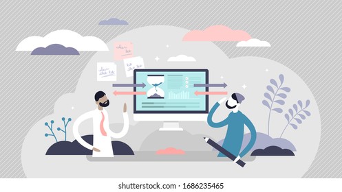 Drop servicing vector illustration. Online service offer flat tiny persons concept. Virtual freelancers outsourcing model for web business. Abstract scene with website method for work trade management