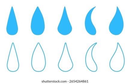 Conjunto de la gota aislado en un fondo blanco. Siluetas y dibujo de contorno. Diferentes Formas de gota. Aceite, lágrimas, lluvia, gota de agua. Trazo editable. Icono lineal, Ilustración vectorial. 