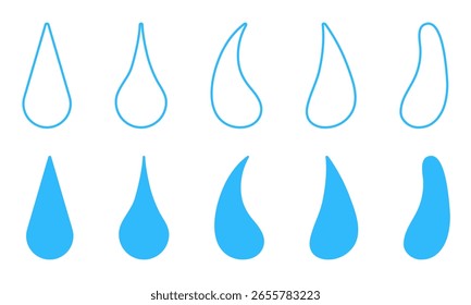 Drop set isolated on a white background. Silhouettes and outline drawing. Different drop shapes. Oil, tear, rain, water drop. Editable stroke. Linear icon, vector illustration.