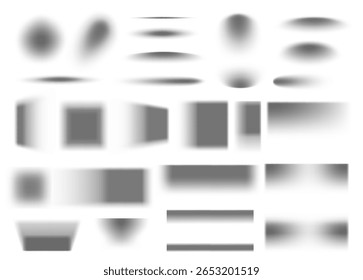 Efeito de sombra projetada. Formas de sombra de piso transparente cinza macio realista, retangular e arredondada. Sombras de gradiente quadradas e retangulares, redondas e ovais. Conjunto isolado do vetor.