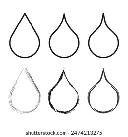 Drop shapes collection. Different outlines and styles. Black ink designs. Vector illustration.