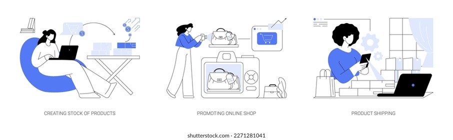 Drop shipping abstract concept vector illustration set. Creating stock of products, order processing, promoting online shop, product shipping, buying goods, online reseller, abstract metaphor.