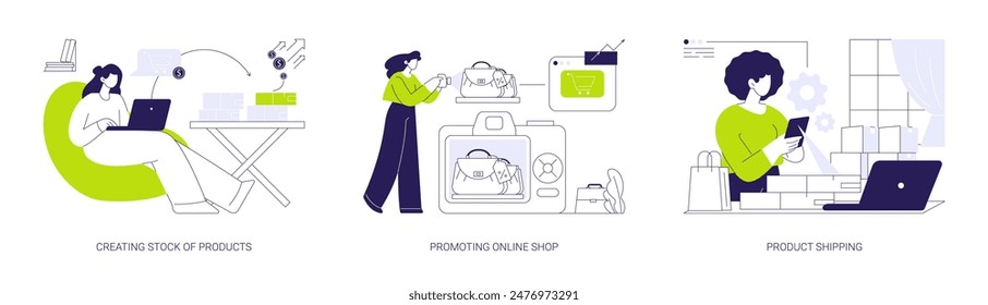 Drop shipping abstract concept vector illustration set. Creating stock of products, order processing, promoting online shop, product shipping, buying goods, online reseller, abstract metaphor.