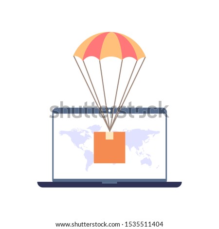 Drop shipping box on labtop screen with world map wallpaper. Vector illustration flat design style. Wordwide Dropshipping business concept.