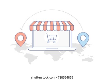 Drop shipping, goods cargo shipment concept. World map wit location pin markers and notebook with shopping cart icon on the screen. Flat outline icon concept, business transportation template.
