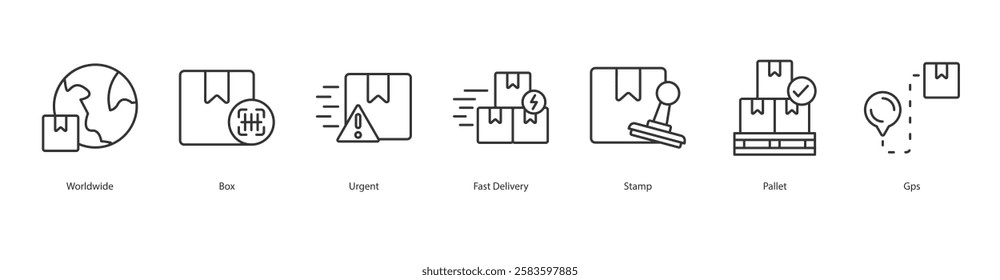 Drop Shipping Icon Sheet Worldwide, Box, Urgent, Fast Delivery, Stamp, Pallet, Gps