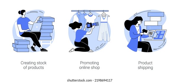 Colocar ilustraciones vectoriales de dibujos animados aislados. Creación de existencias de productos, recepción de bienes, promoción de tiendas en línea, estrategia de marketing, envío de pedidos, caricatura vectorial de la industria del comercio electrónico.