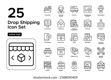 Drop Shipping Process. Inventory Management, Order Processing, and Shipping Methods. Vector Illustration. Outline icon set