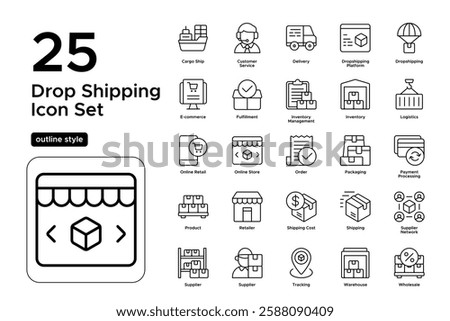 Drop Shipping Process. Inventory Management, Order Processing, and Shipping Methods. Vector Illustration. Outline icon set
