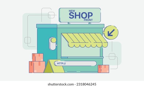 Drop shopping new shop front illustration, Green shopping illustration, light color illustration, new shop, illustration, smart devices, connected devices, phone, laptop, website, application, New, ty