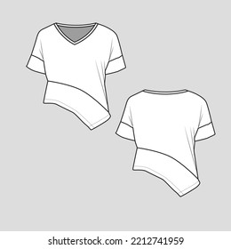 Drop Shoulder Asymmetrical Hem top V Neck fashion Hem  flat sketch drawing  template