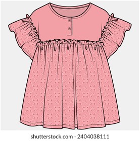 DROP SHOULDER BIB CUT FRONT PLACKET WOVEN TOP WOVEN BLOUSE DESIGNED FOR TEEN AND KID GIRLS IN VECTOR ILLUSTRATION FILE