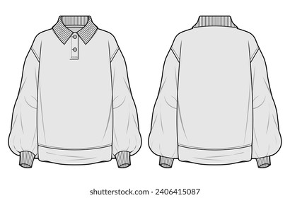 Drop Shoulder Bishop Sleeve Collared Sweater T-Shirt Fashion Flat Sketch Vector Illustration, CAD, Technical Drawing, Flat Drawing, Template, Mockup.