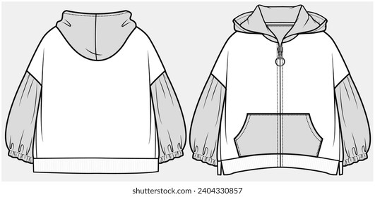 DROP SHOULDER COLOR BLOCK HOODIE WITH KANGAROO POCKET DETAIL DESIGNED FOR TEEN AND KID GIRLS IN VECTOR ILLUSTRATION FILE