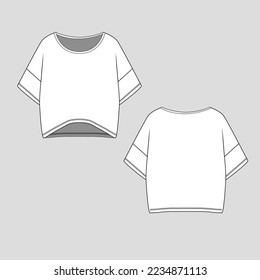 Drop Shoulder crew Neck Crop top High low dip hem  fashion flat sketch template drawing