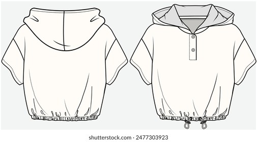 DROP SHOULDER CROP TOP WITH FRONT PLACKET AND HOODIE DETAIL DESIGNED FOR TEEN AND KID GIRLS IN VECTOR 