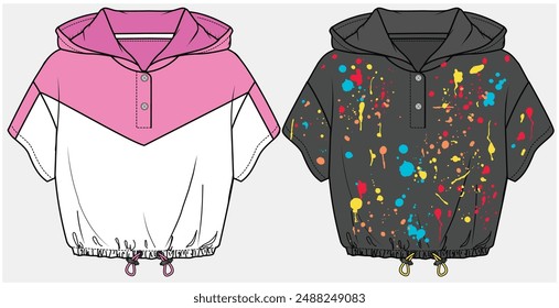 CAÍDA DEL HOMBRO RECORTAR TOP CON PLAQUETA DELANTERA Y SUDADERA CON CAPUCHA DETALLE DISEÑADO PARA LAS ADOLESCENTES Y NIÑAS EN VECTOR 